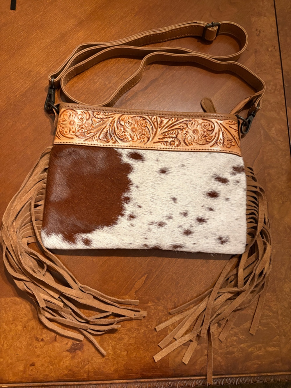 Haircalf Fringe Crossbody Bag - Tooled Leather Accent NWT